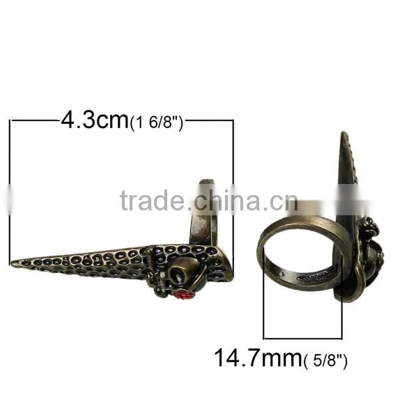 New Fashion Punk Unadjustable Fingertip Knuckle Nail Rings Antique Bronze Halloween Skull Carved Red Rhinestone 14.7mm photo-2