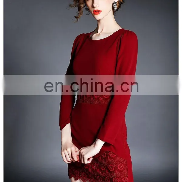 High Quality Ladies Maroon Dress With Lace Trim, Long Sleeve Fashion Autumn Dress photo-3