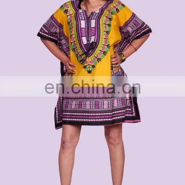 Indian Latest African Women's Dashiki Print Sun Dress Kaftan Hippie Yellow Maxi Gown Plus Size