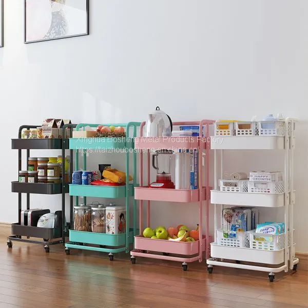 Multi-purpose 3 Tiers Hand Trolley Movable Storage Rack Metal Folding Kitchen Utility Rolling Cart With Wheels photo-3