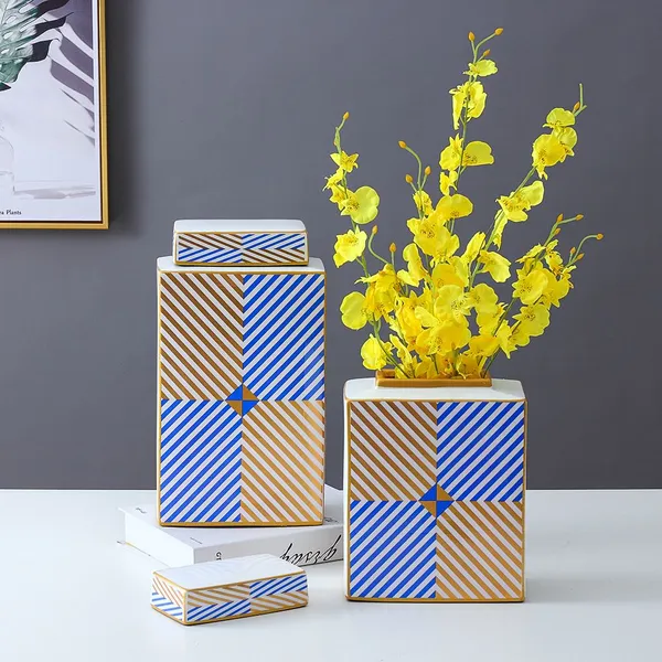 European Simple Style Blue Square Sheet Painting Cube Ceramic Flowers Vases With Lid For Study photo-2