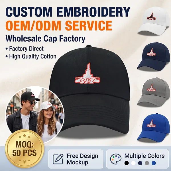 Custom Made Hat OEM Service City Landmark Embroidery Black Cotton 6 Panel Baseball Cap
