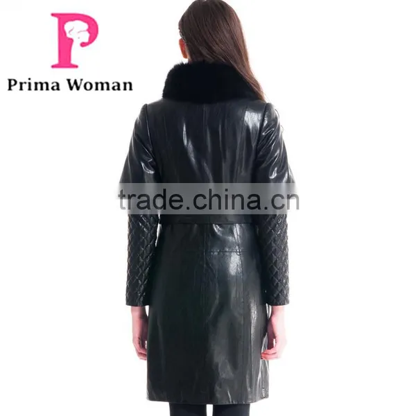 Winter Women Medium Length Slim Fit Leather Coat With Detachable Blue Fox Hat Overcoat photo-6