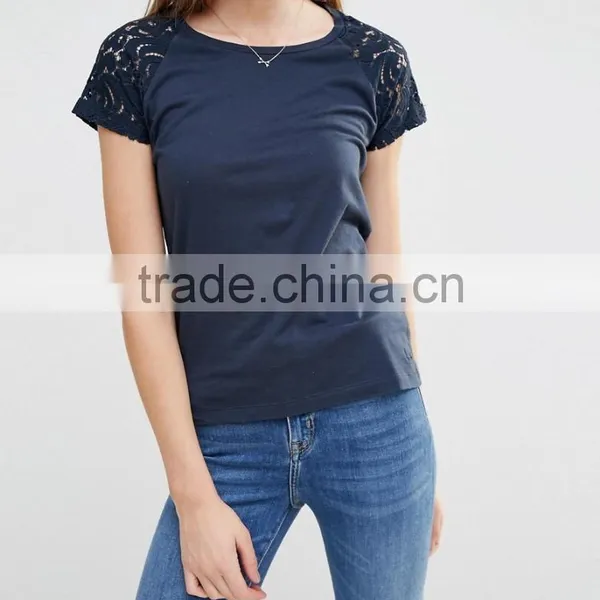 2016 Wholesale Women t Shirt Blank Cotton t and Model Shirt With Lace Sleeve photo-3