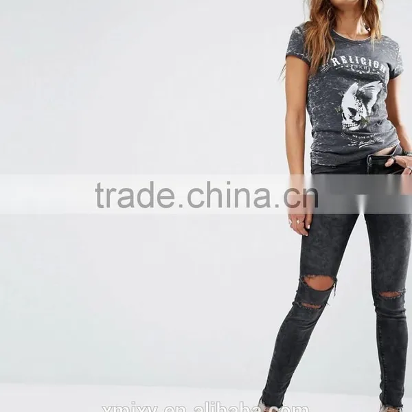 2016 New Product Custom T-shirt 50% Cotton 50% Polyester T-shirt for Girls Black Skull Print photo-4