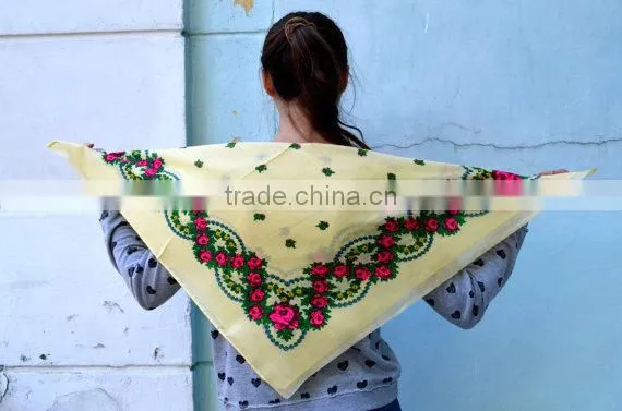 SSS81 Vintage Ukrainian Shawl, Russian Floral Scarf ,light Yellow Shawl, Babushka Russian, Head Scarf, Christmas Gift photo-5