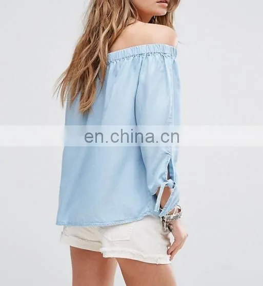 Sexy Off-Shoulder Light Blue Denim Tops With 3/4 Knot Tie Sleeves photo-2