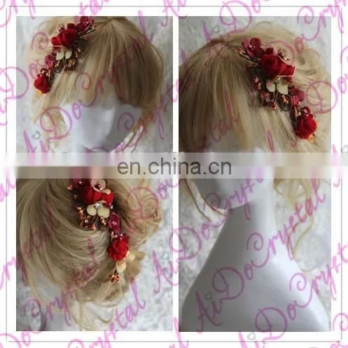 Aidocrystal Marsala Burgundy Hair Accessory Red Floral Hair Comb Hair Flower With Leaves Wedding Fascinators for Women photo-2