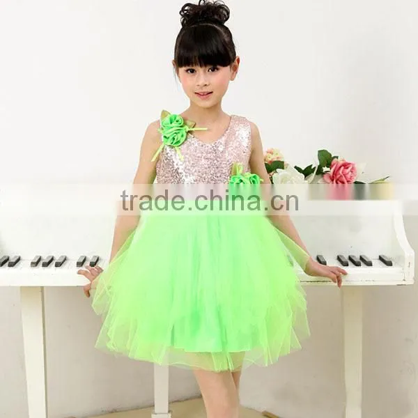 In-stock Children Princess Modern Dance Costume Sequin Dance Costume School Girls( Pink , Green, Orange) photo-3