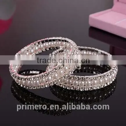 Fashion 2 Rows Stack Pearls Rhinestone Stretch Bracelets Bangles Jewelry photo-3