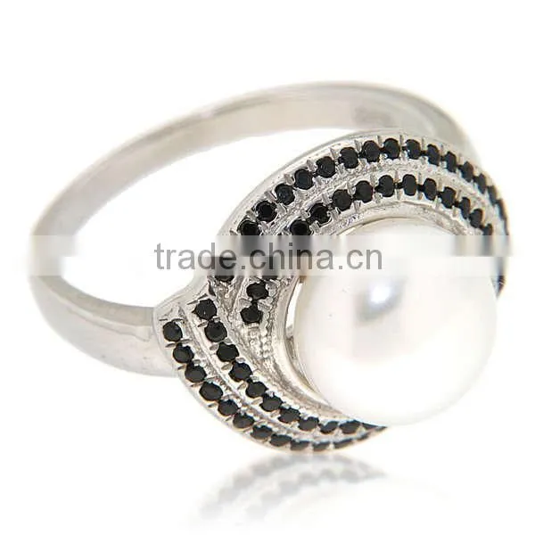 Fashionable Sterling Silver White and Black Spinel Freshwater Pearl Ring photo-4