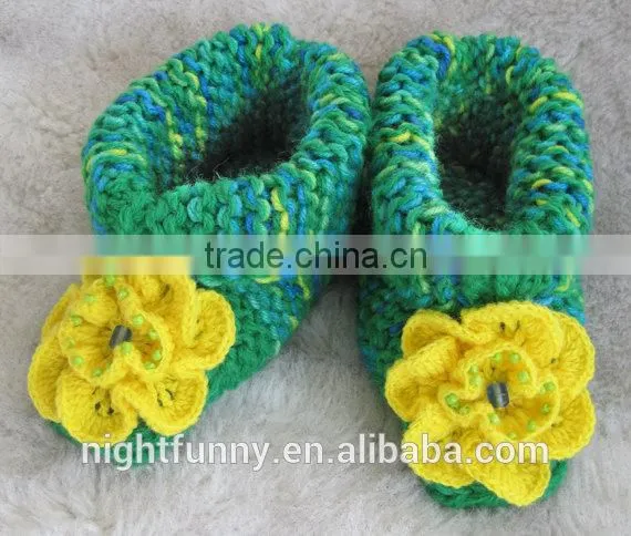 Green Multi-color Knit Slippers,crochet Beaded Yellow Flower,Alaskan Lilies,gift for Mom and Baby,customized Size Knitted Shoes