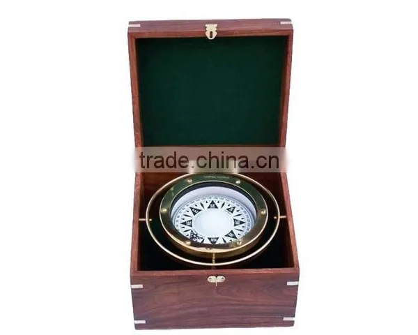 Beautiful Nautical Solid Brass Gimbal Compass With Rosewood Box 13441 photo-2