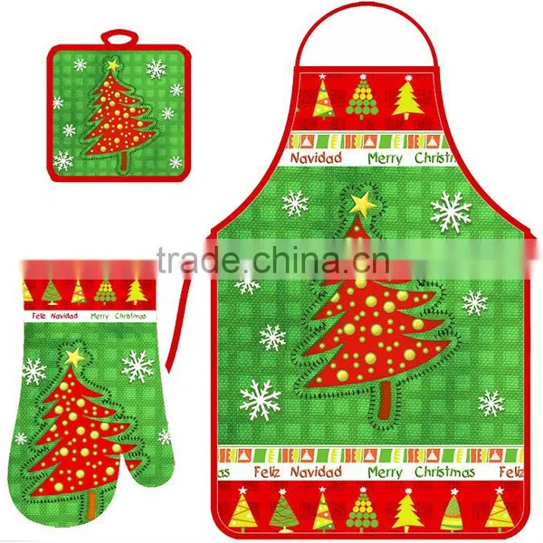 Christmas Printed Kitchen Apron Set With Pot Holder and Oven Mitts China Suppliers photo-3