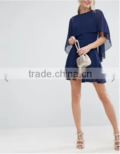 OEM Service Supply Type And Evening / Formal Dresses Type Elegant Evening Dress/ Navy Chiffon Dip Back Cape Mini Dress photo-4
