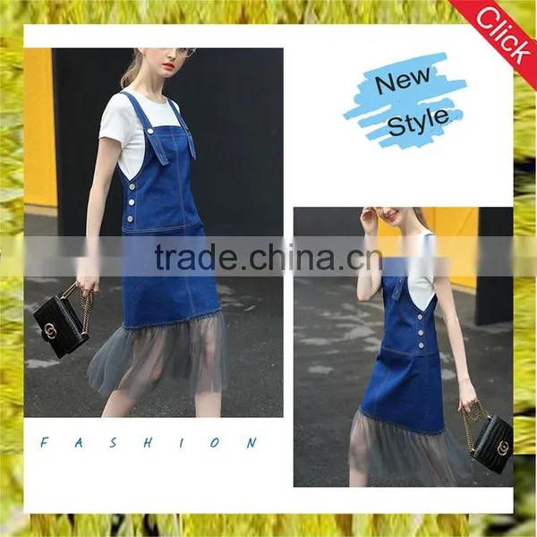 Now Model Summer Patchwork One Piece Dress Designs Teenage Girls Midi Denim Jean Overalls With Gauze
