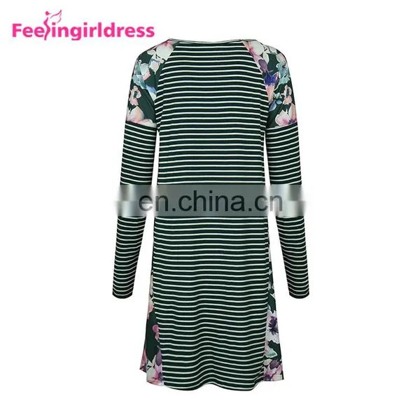 Autumn Latest Design Printing Floral Green Long Sleeve Casual Loose T-Shirt Dress photo-5