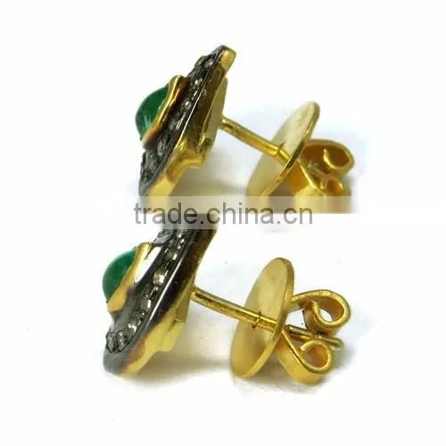 Finesque !! Pear Shape Emerald & Diamond Gold Polish 925 Sterling Silver Earring, Dangler SIlver Earring, Silver Jewellery photo-4