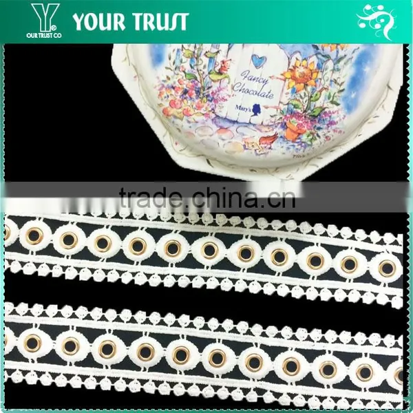 White Polyester Lace Rhodium Flat 15MM Metal Grommet Eyelet Trimming photo-4