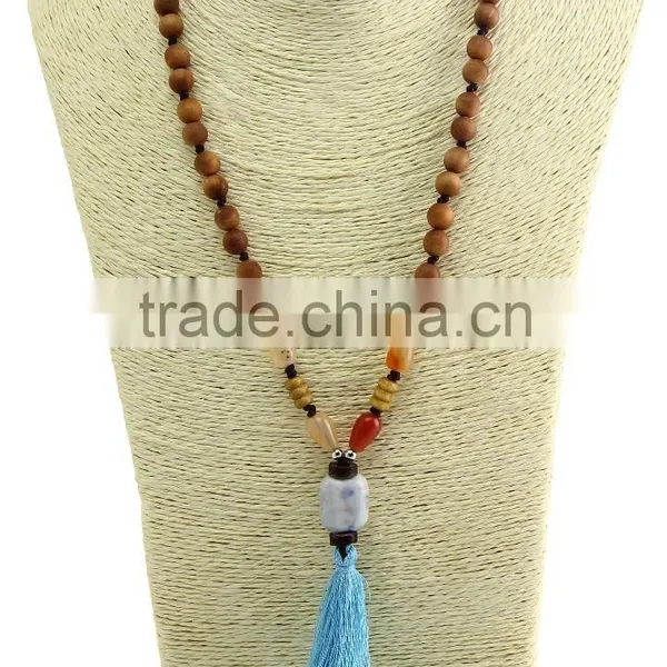 Unisex Women Wooden Beaded Necklace Gemstone Pendant Necklace With Tassel photo-2