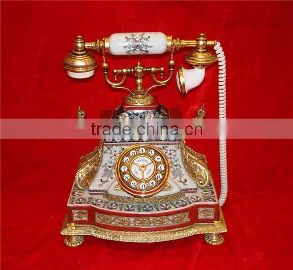 Antique Curio Ceramic Telephone Table Clock, Gold Plated Brass Footed Desk Clock, Collectable Home Decorative Table Clock photo-4