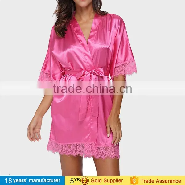 Sexy Women Plus Size Lace Knee Length Lingerie Bathrobe Silk Satin Kimono Bride Bridesmaids Robes for Wedding Party 2017 photo-6