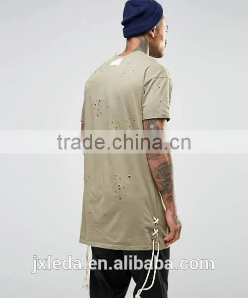 Personalized Wholesale Import Longline Distressed T-shirt Men OEM, Street Hip Hop Wear photo-2