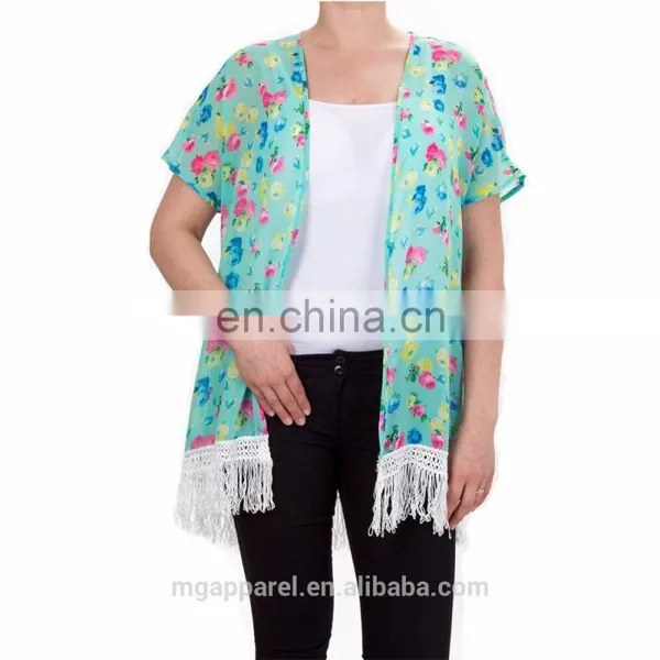 Cheap Wholesale Floral Print no Buttons Sheer Chiffon Ladies Vest With Fringe