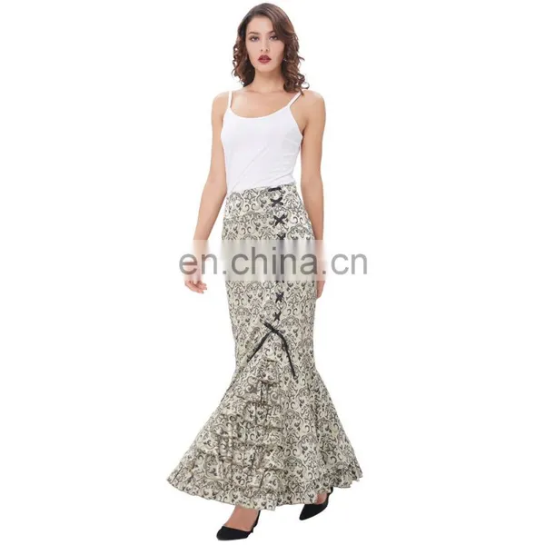 Belle Poque Women Vintage Retro Victorian Style Ruffled Jacquard Fishtail Mermaid Light Green Long Maxi Skirt BP000204-3 photo-5