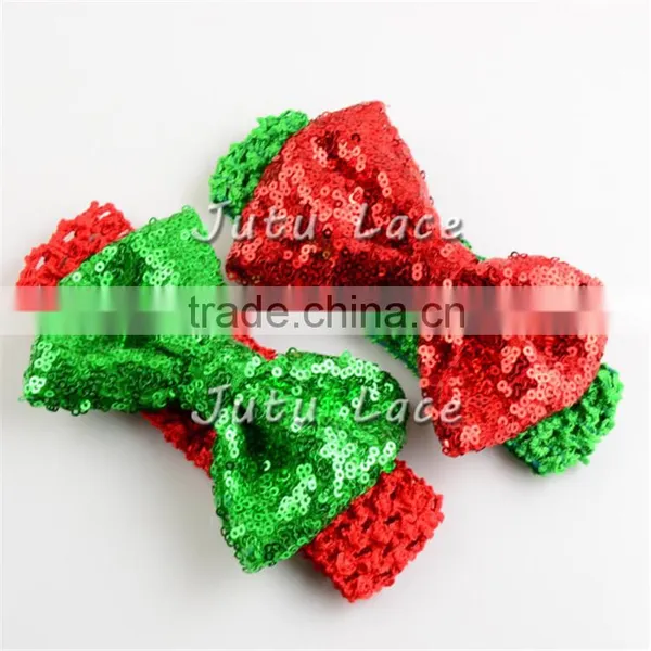 Christmas Sequin Fabric Big Red Hair Bows, High Quality Decorative Green Bowknot for Baby Girls Hair Headbands photo-6