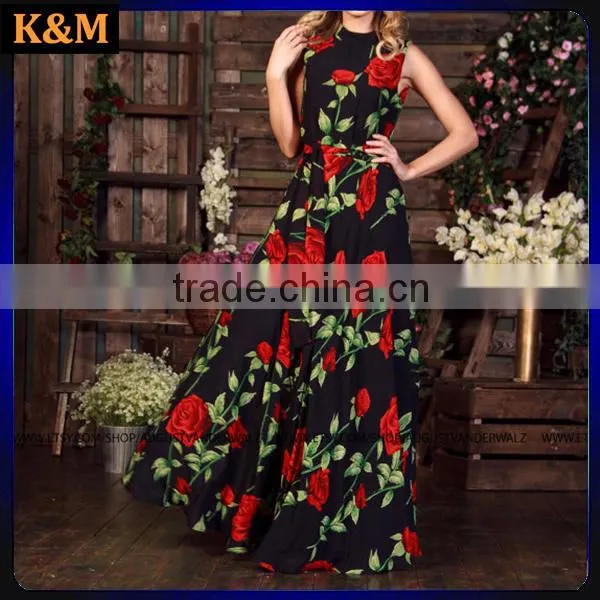 2016 Print Floral Maxi Dress Bridesmaids Dress Black Evening Gowns