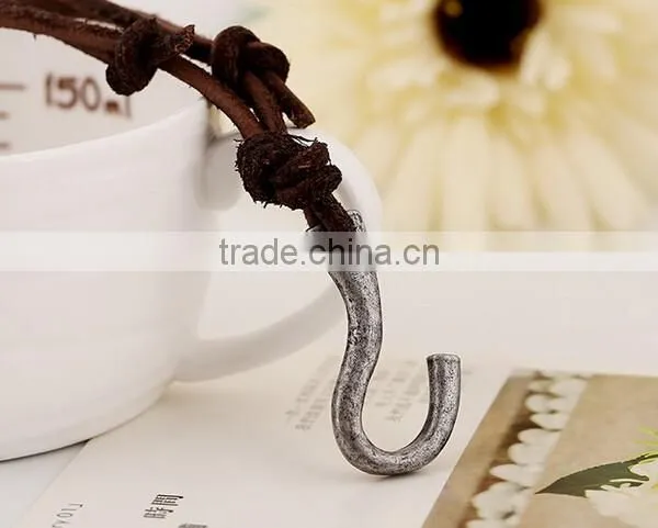 Vintage Real Cow Leather Fish Hook Pendant Bown Genuine Cowhide Necklace for Men photo-4