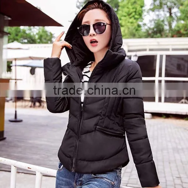 Fashion OEM Bulk Fashion Slim Fake Down Cheap Winter Jacket Women, Polyester Fiber Filled Black Hooded Custom Puffer Jacket photo-2