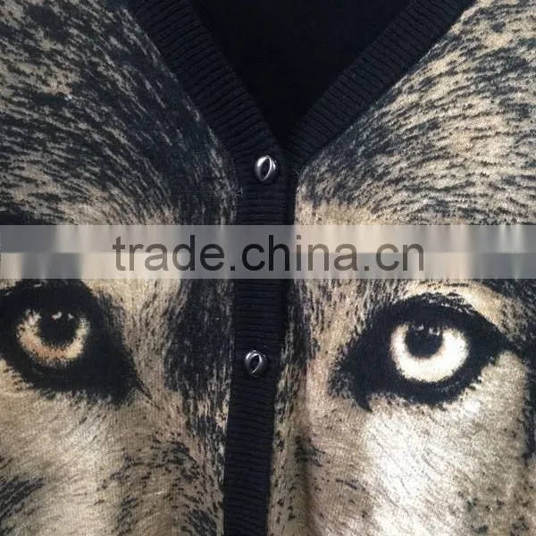 Women's V-neck no Hand Feeling Reactive Printing 100% Cotton Cardigan Sweater photo-3
