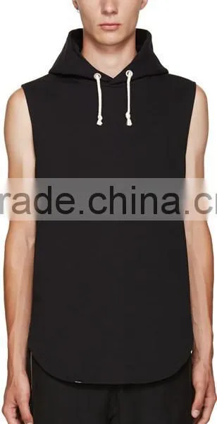 Sleeveless French Terry Vest Hoodie Beige Drawstring Hood Custom Embroidered Logo Zipper at Sides Shirt-tail Hem photo-4