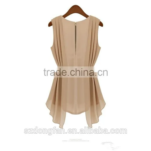 Wholesale Hot Selling Fashion Women Summer Top High Quality Ladies Top Beige O-Neck Sleeveless Career OL Chiffon Elegant Blouse photo-2