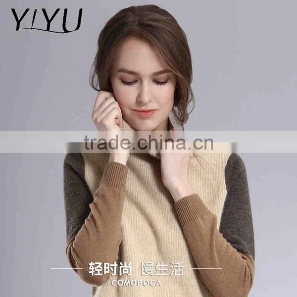 OEM Factory Price Women Turtleneck Color Block Knit Cashmere Sweater photo-3