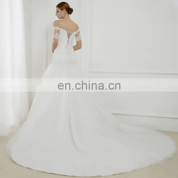 EBL-2835 A-line Scoope Sweetheart Short Sleeve Thick Lace Applique Bow Sash Fanbulous Mermaid Wedding Dress 2016 photo-2