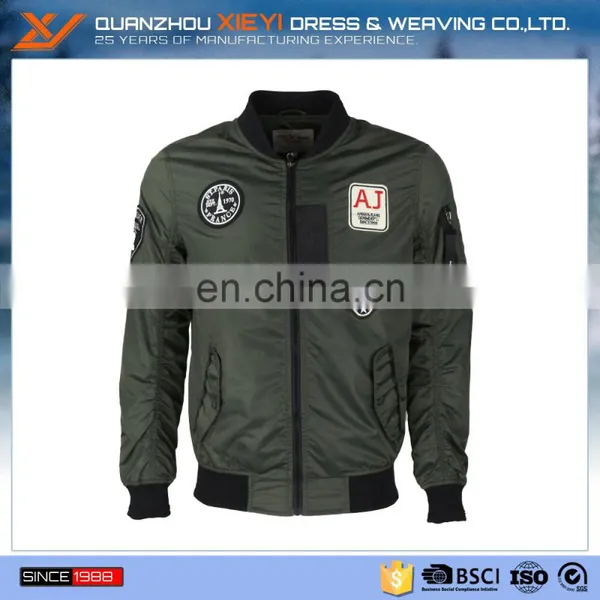 Custom Nylon Plain Green Flight Bomber Jacket With Patches
