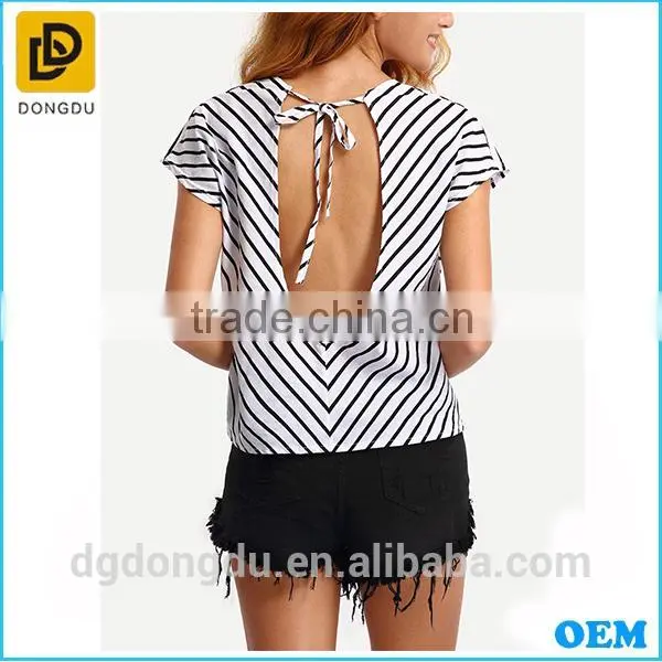 OEM Cotton Munufactory Custom Striped Cutout Back T-shirt photo-4