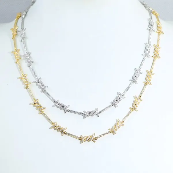 3mm Thin Iced Barbed Wire Necklace Micro Paved Cubic Zirconia Punk Twist Spiked Thorns Charm Link Chain Choker photo-4