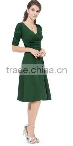 3/4 Sleeve Ruched Waist Classy V-Neck Casual Cocktail Dress Manufacture /lady Dress photo-3