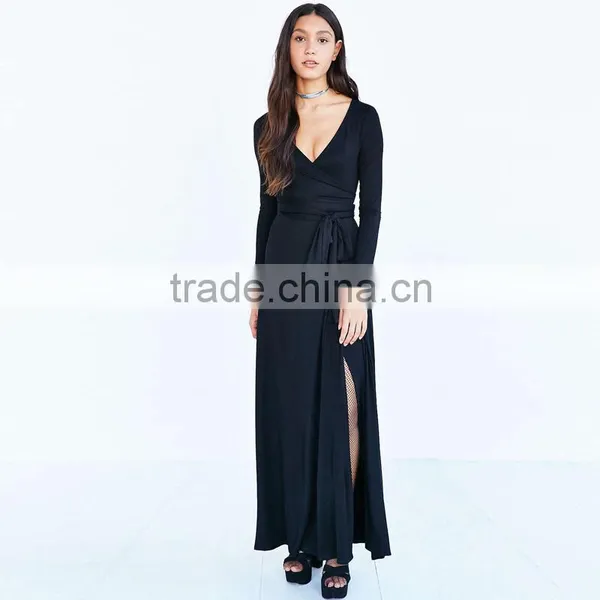 Plain Black Long Sleeve Tunic Skirt Deep v Sexy Slim Fit Elegant Long Evening Dress photo-2