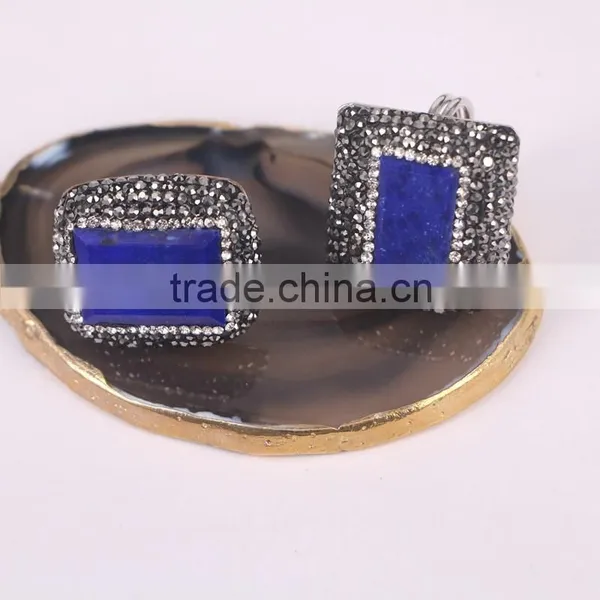 Natural Lapis Lazuli Druzy Stone Rings, Pave Crystal Rhinetone Single Stone Ring Design photo-2
