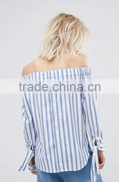 2017 Fashion Stripe And Tie Sleeve Off The Shoulder Top photo-3
