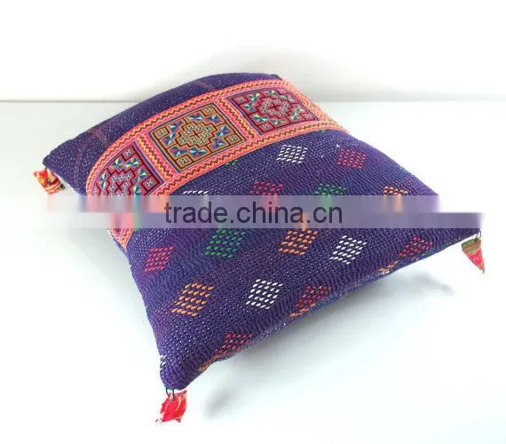 Pair of Purple Kantha Quilt Cushion Covers With Hmong Detail, Kantha Cushions, Kantha Pillow Case, Ooak photo-5