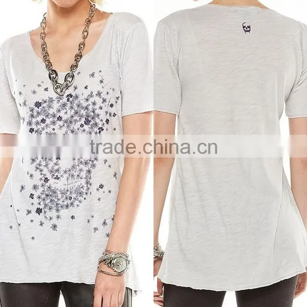 Rock Stylish Young Women Tunic Tops Light Grey Floral Skull Loose T Shirt Short Sleeves