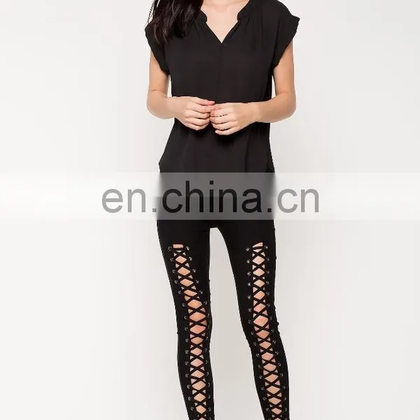 Wholesale Blank Split Neck Short Sleeve Black t Shirts for Women photo-6