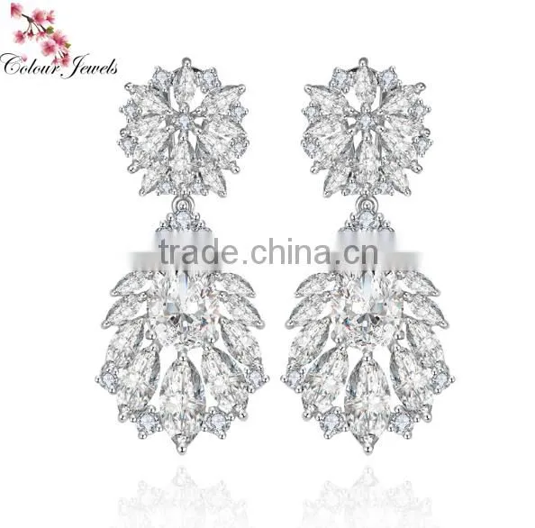 Clear Cubic Zircon Bridal Heavy Chandelier Earrings With AAA Cubic Zircon and Platinum Plating