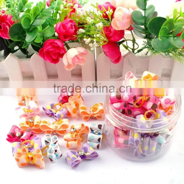 Wholesale Fashion Polka Dots Dog Grooming Hair Bows With Rubber Bands
